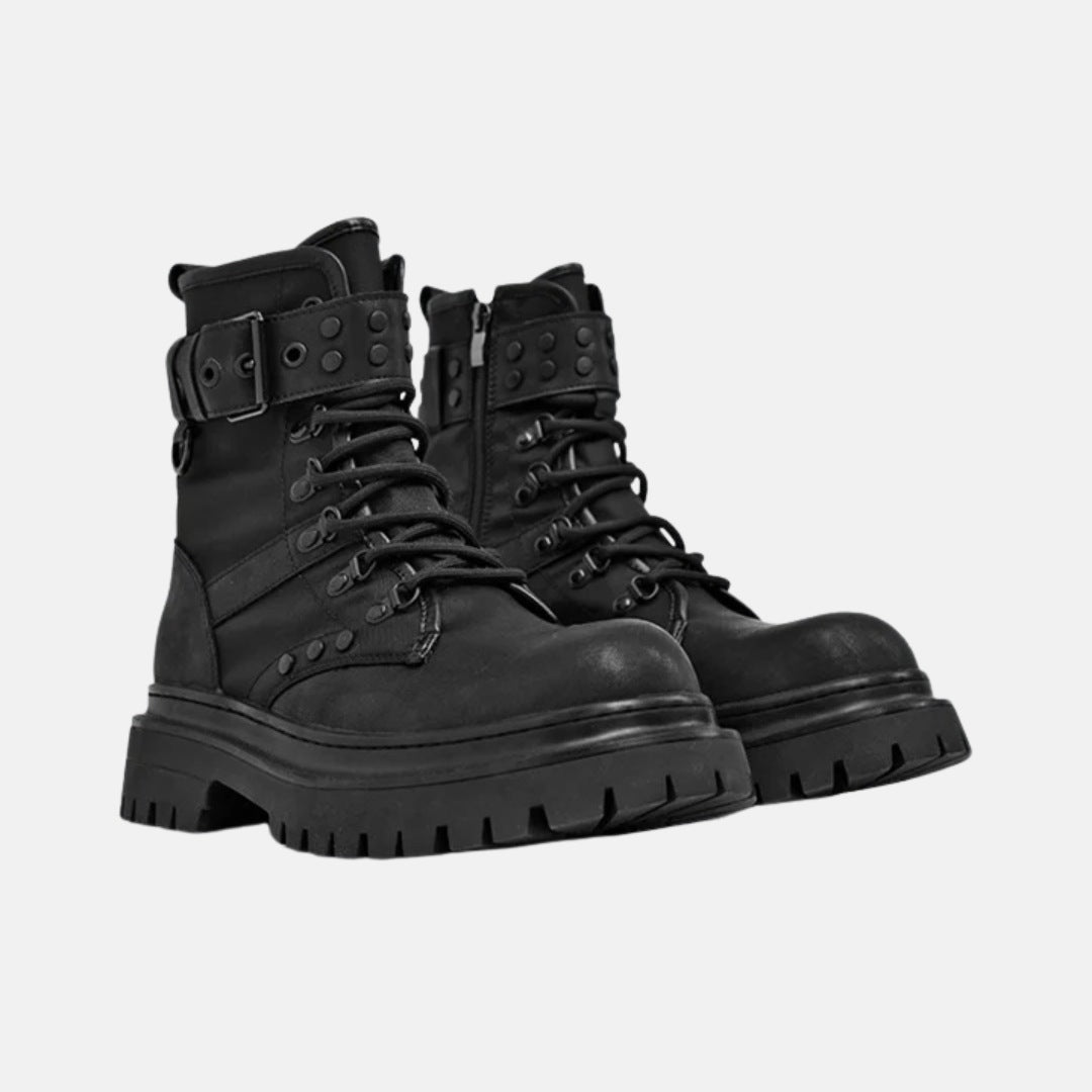 Black Leather Zip Lace Combat Ankle Boots with Chunky Sole and Buckle Detail