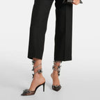 Black Lace Mesh Stiletto Pumps with Rhinestone Snake Coil and Floral Detailing