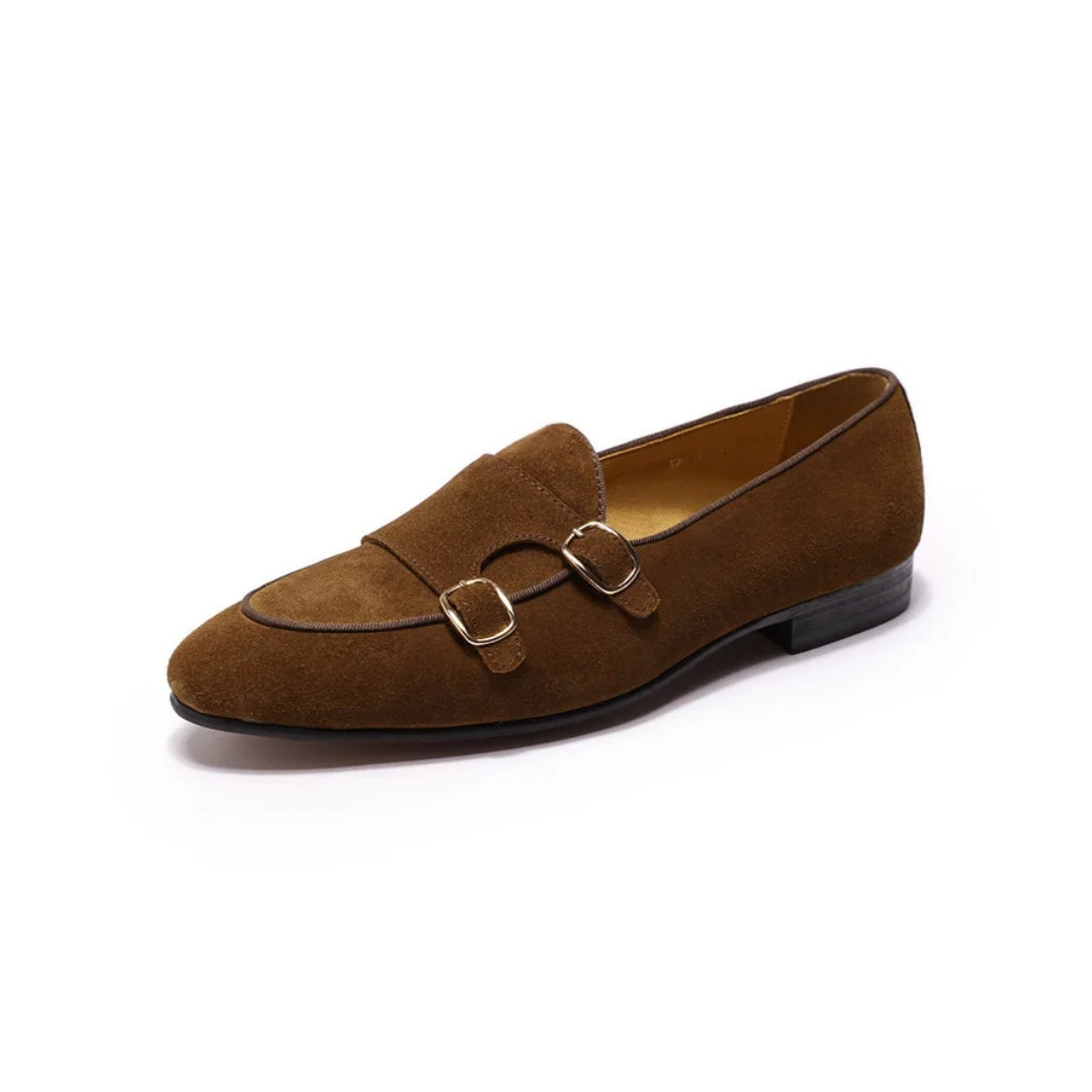 Suede Leather Formal Monk Strap Loafers with Low Stacked Block Heel