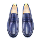 Dark-Blue Smooth Leather Formal Penny Moccasin Loafers with Low Stacked Heel