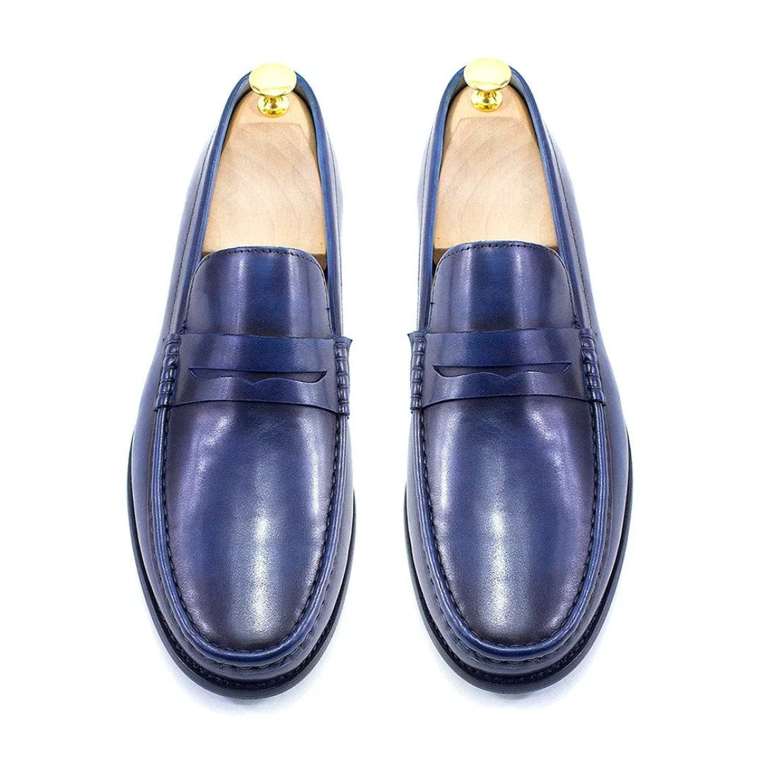 Dark-Blue Smooth Leather Formal Penny Moccasin Loafers with Low Stacked Heel