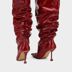 Wrinkled Patent Slouch Knee-High Stiletto Boots with Pointed Toe