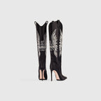 X (this is 2 diff products, long versions and short) Sexy Embroidered Denim Mid-Calf Boots with 12cm Heel
