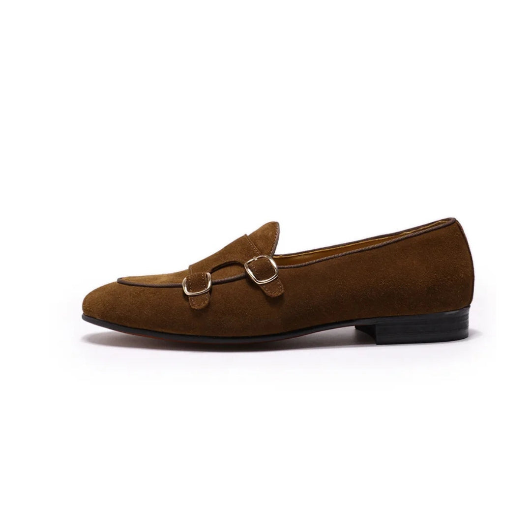 Suede Leather Formal Monk Strap Loafers with Low Stacked Block Heel