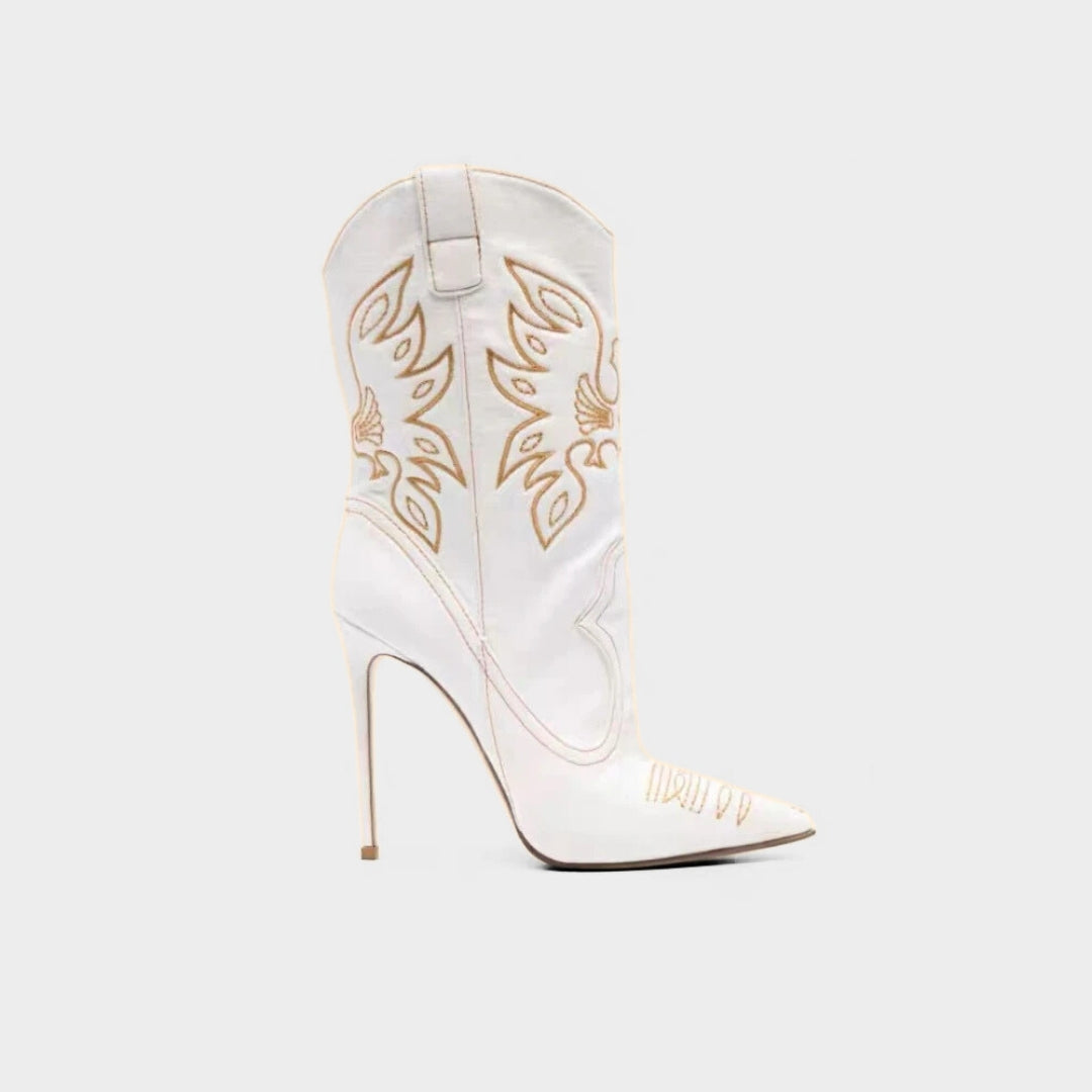 X (this is 2 diff products, long versions and short) Sexy Embroidered Denim Mid-Calf Boots with 12cm Heel