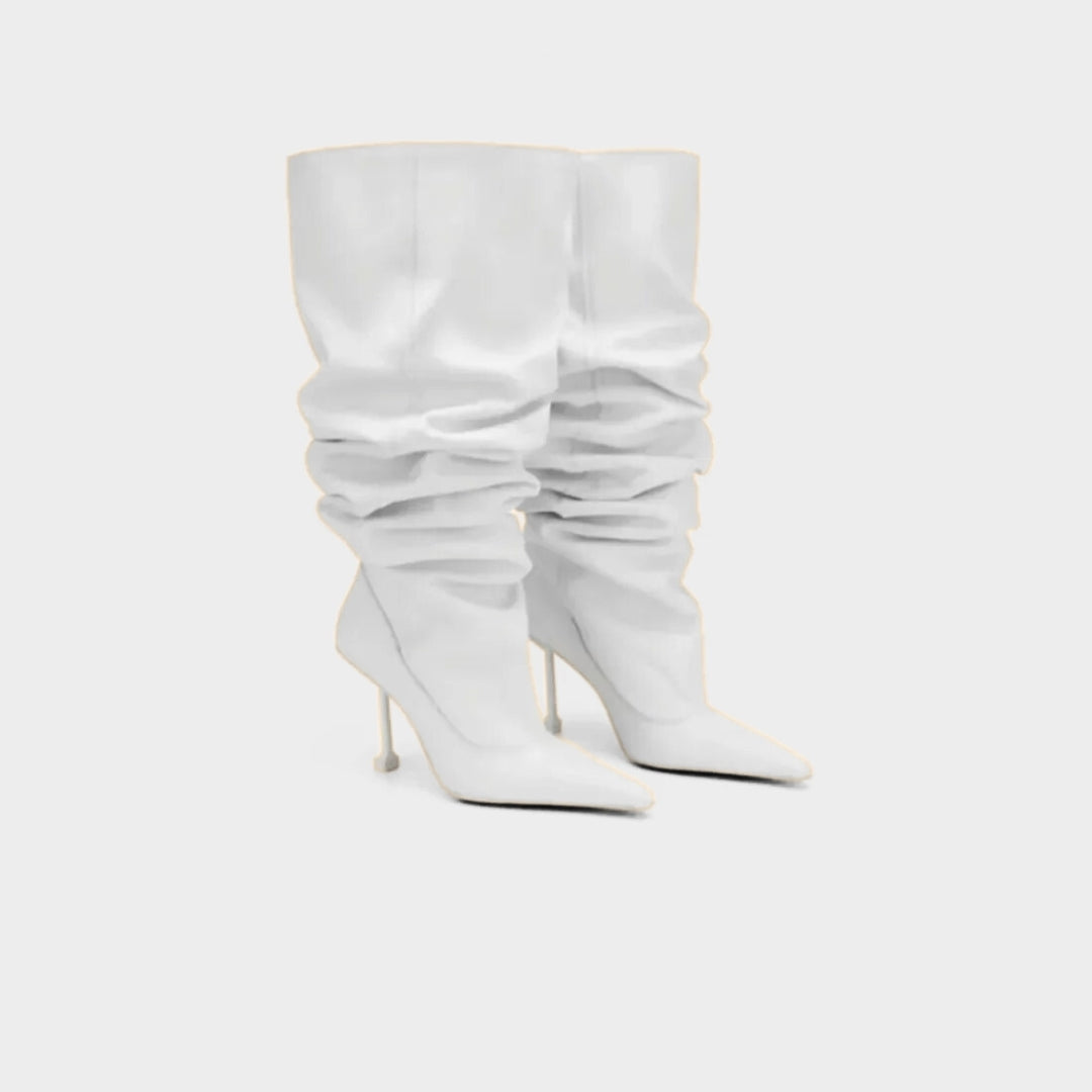 Wrinkled Patent Slouch Knee-High Stiletto Boots with Pointed Toe