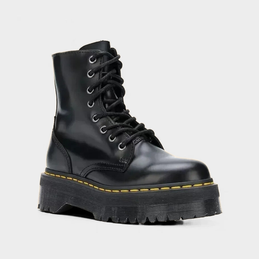 Black Punk Style Ankle Boots with Yellow Stitching and Platform Sole