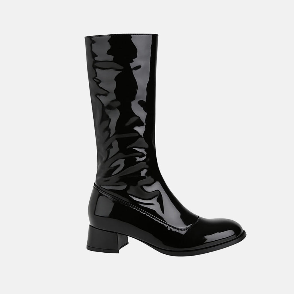 Glossy Patent Mid-Calf Boots with Block Heel