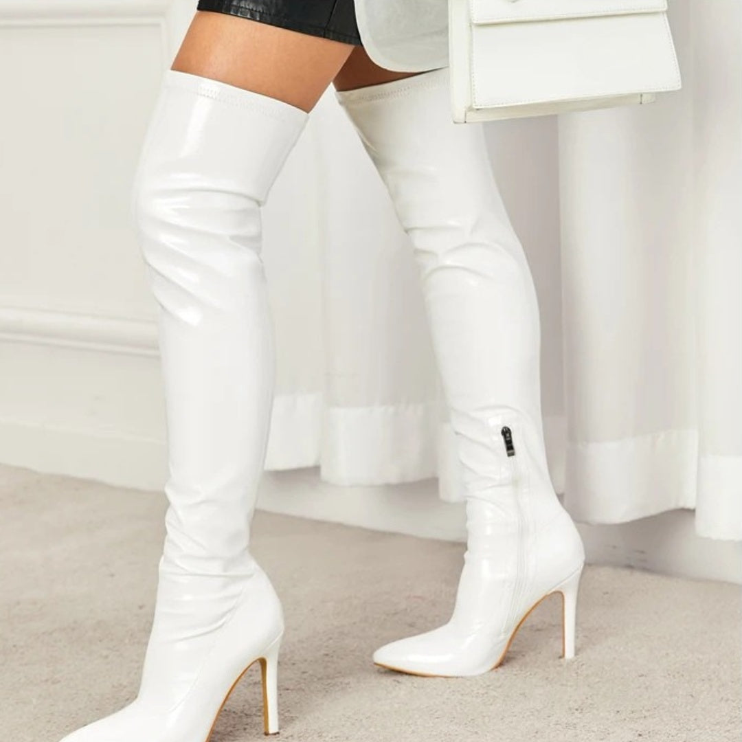 Patent Latex-Effect Finish Over-the-Knee Stiletto Boots with Pointed Toe