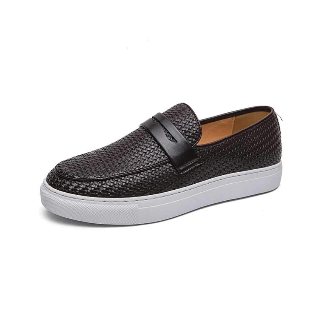 Leather Penny Loafer Style with Weave Knit Pattern