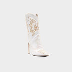 X (this is 2 diff products, long versions and short) Sexy Embroidered Denim Mid-Calf Boots with 12cm Heel