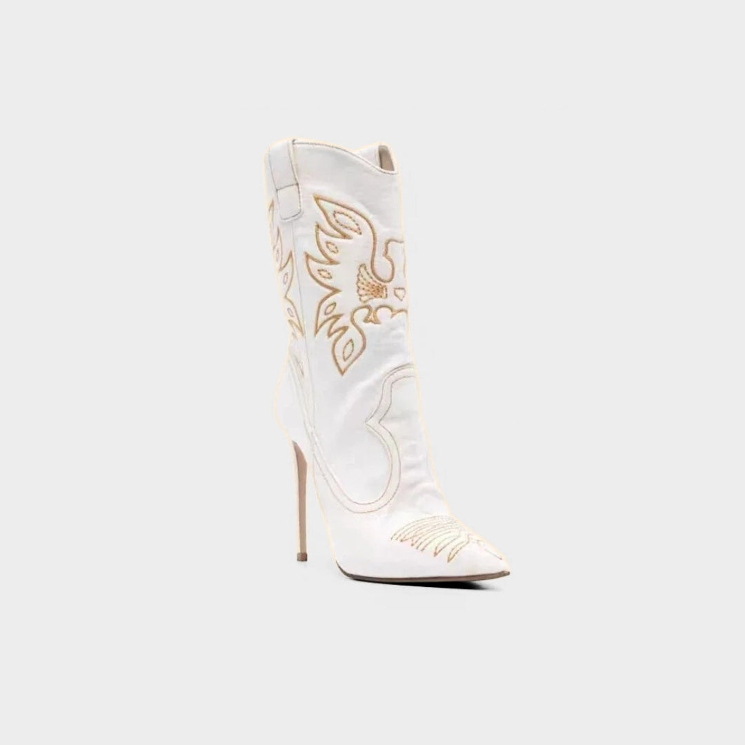 X (this is 2 diff products, long versions and short) Sexy Embroidered Denim Mid-Calf Boots with 12cm Heel