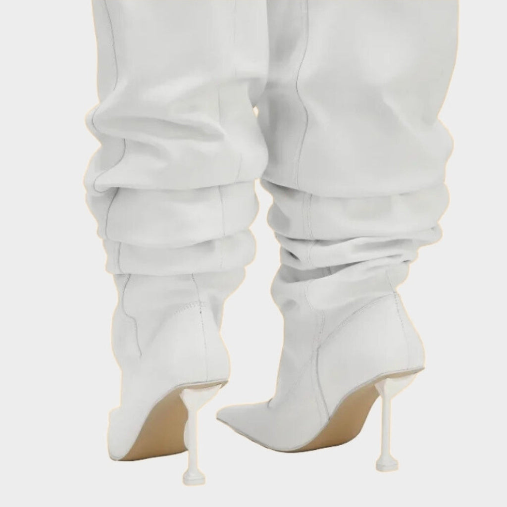 Wrinkled Patent Slouch Knee-High Stiletto Boots with Pointed Toe