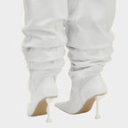 Wrinkled Patent Slouch Knee-High Stiletto Boots with Pointed Toe