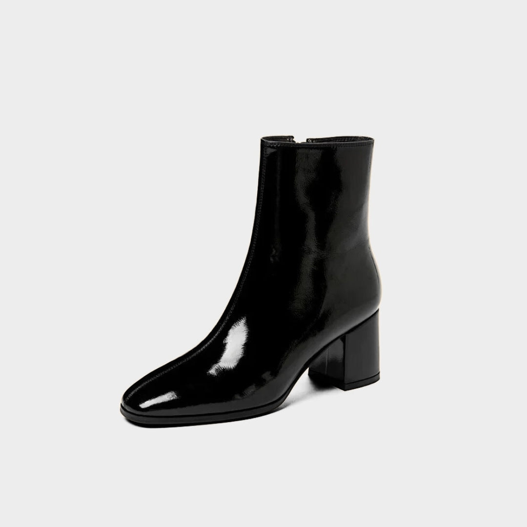 Minimalist Polished Ankle Boots with High Block Heel and Pointed Toe