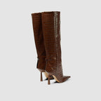 Wide-Fit Knee-High Leather Fold-Over Stilleto Boots with Pointed Toe