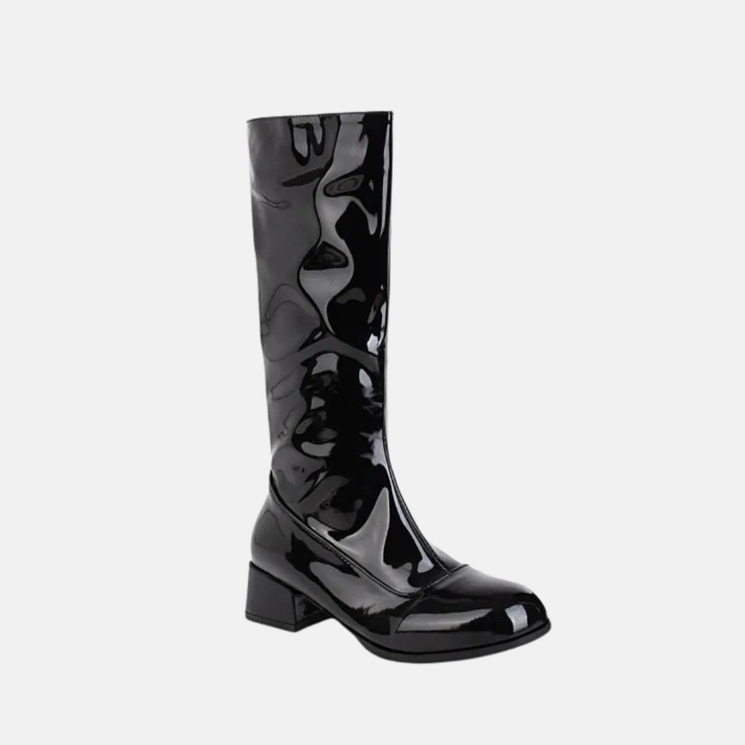 Glossy Patent Mid-Calf Boots with Block Heel