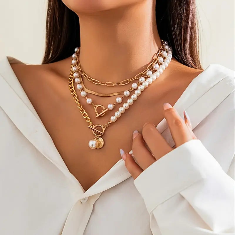 Vintage Pearl and Gold Snake Chain Necklace Set