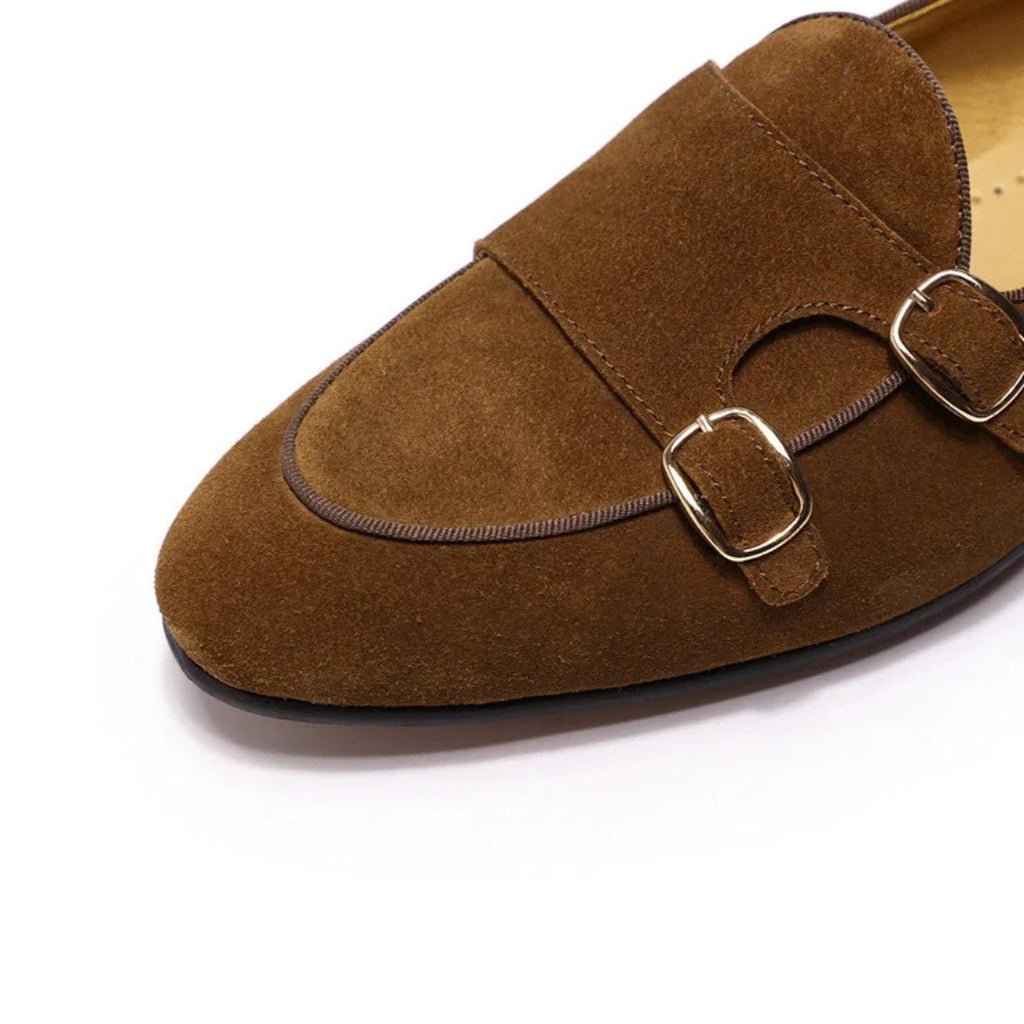 Suede Leather Formal Monk Strap Loafers with Low Stacked Block Heel