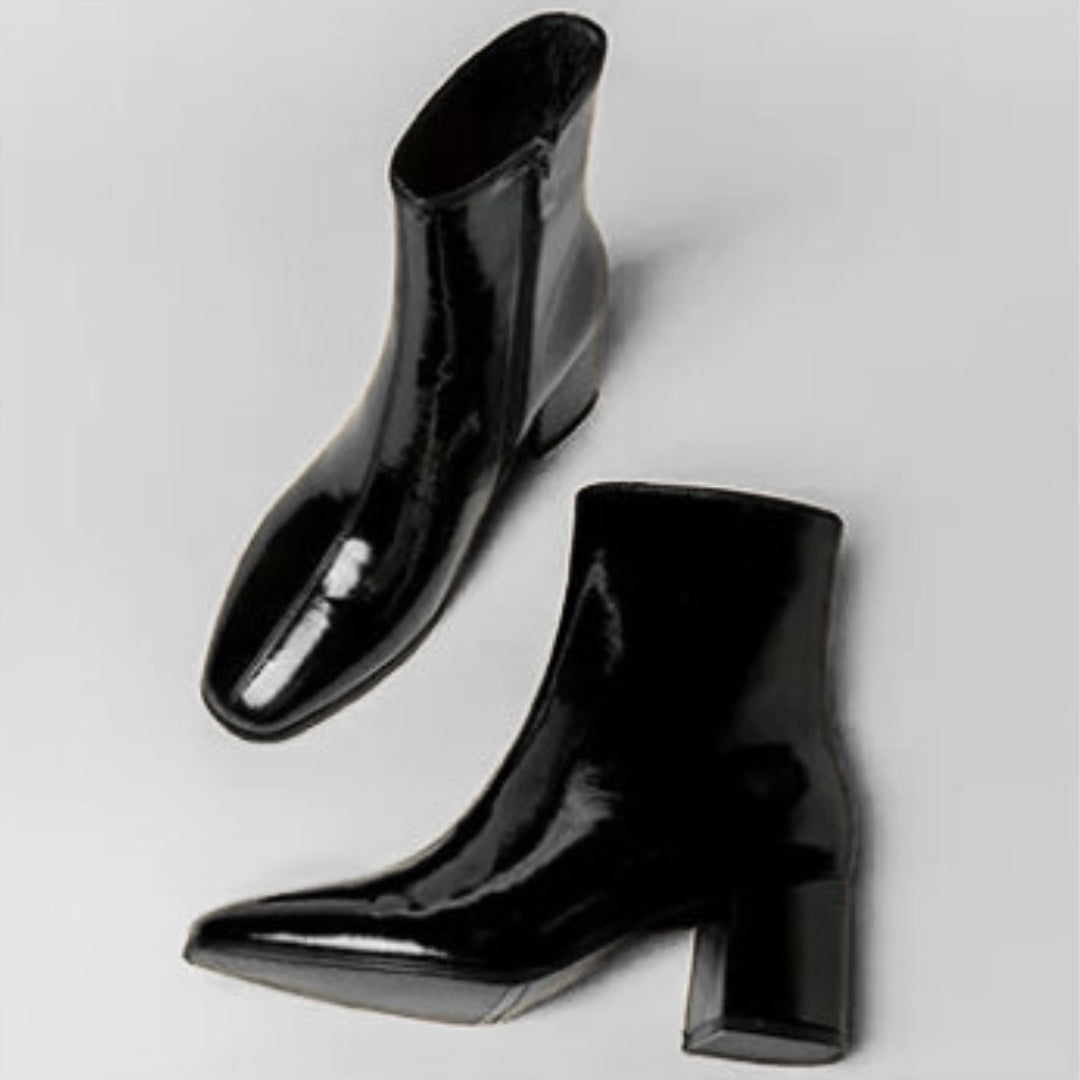Minimalist Polished Ankle Boots with High Block Heel and Pointed Toe