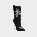X (this is 2 diff products, long versions and short) Sexy Embroidered Denim Mid-Calf Boots with 12cm Heel