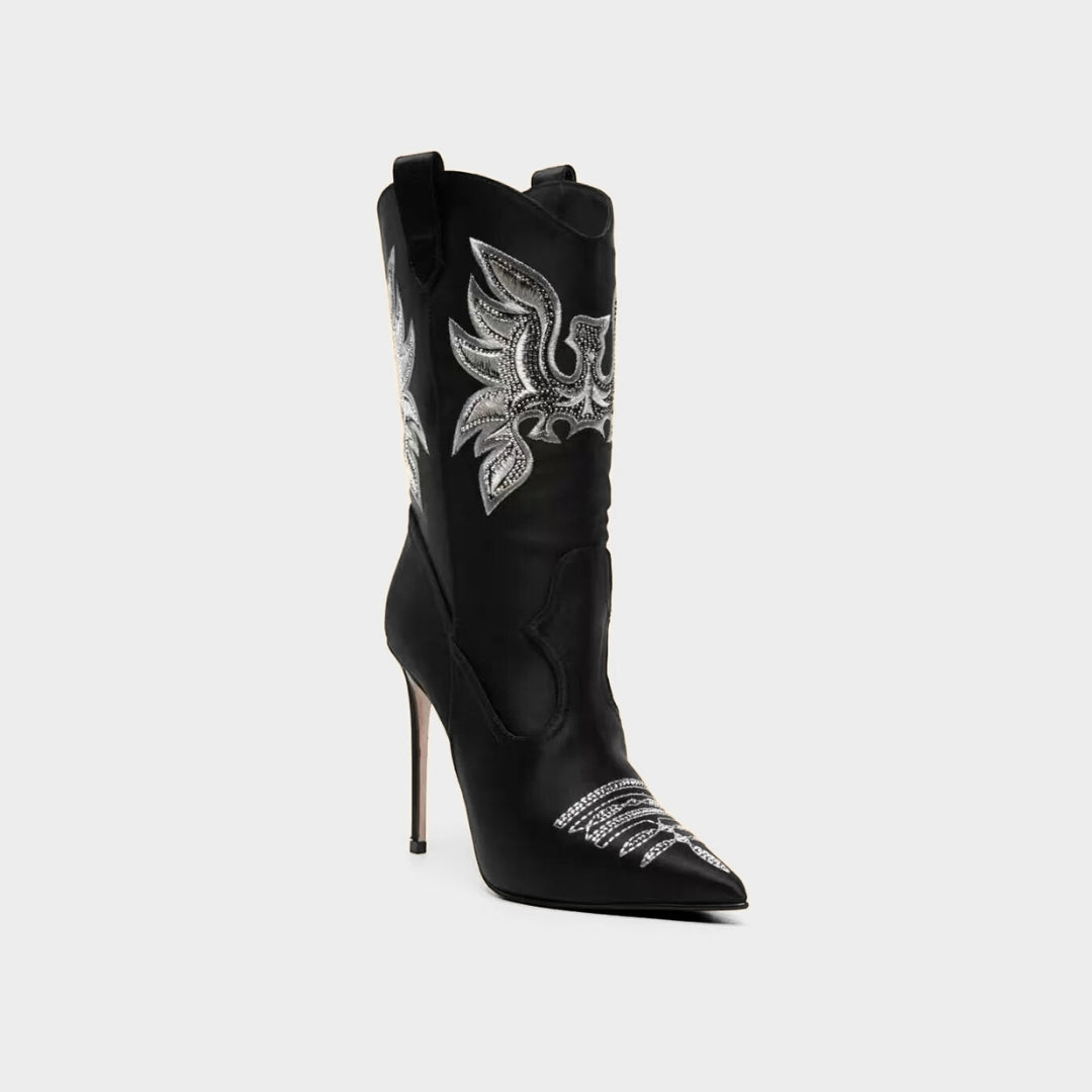 X (this is 2 diff products, long versions and short) Sexy Embroidered Denim Mid-Calf Boots with 12cm Heel