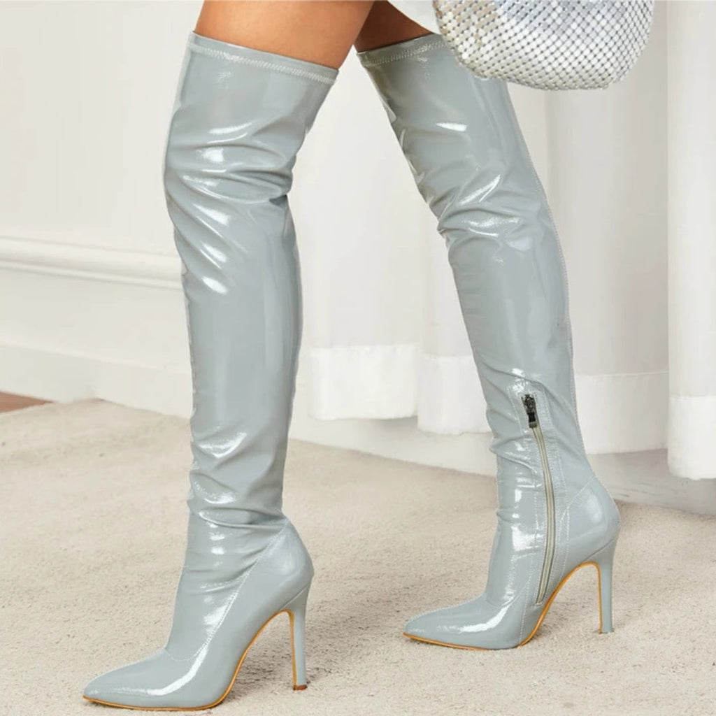 Patent Latex-Effect Finish Over-the-Knee Stiletto Boots with Pointed Toe