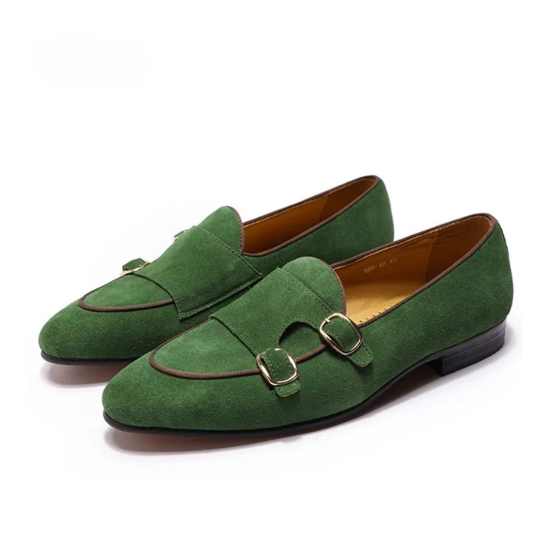 Suede Leather Formal Monk Strap Loafers with Low Stacked Block Heel