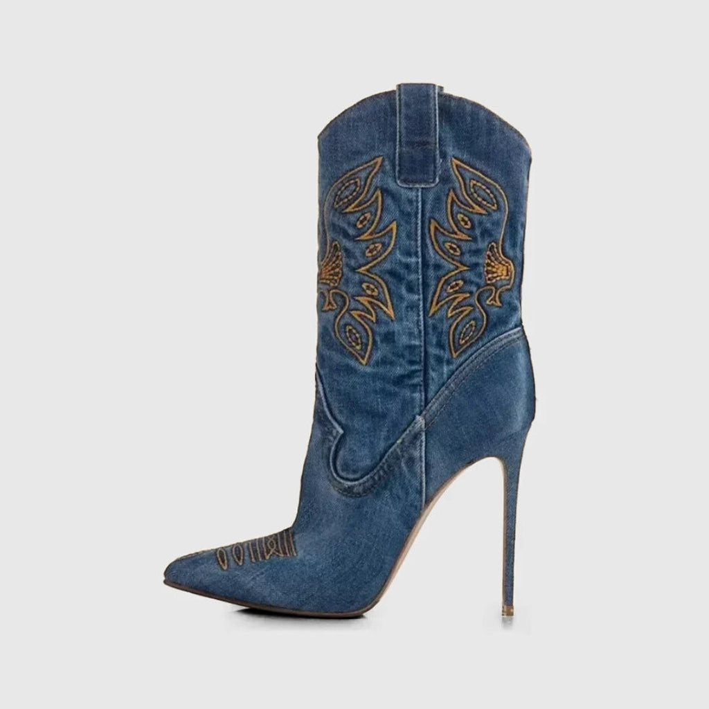 X (this is 2 diff products, long versions and short) Sexy Embroidered Denim Mid-Calf Boots with 12cm Heel