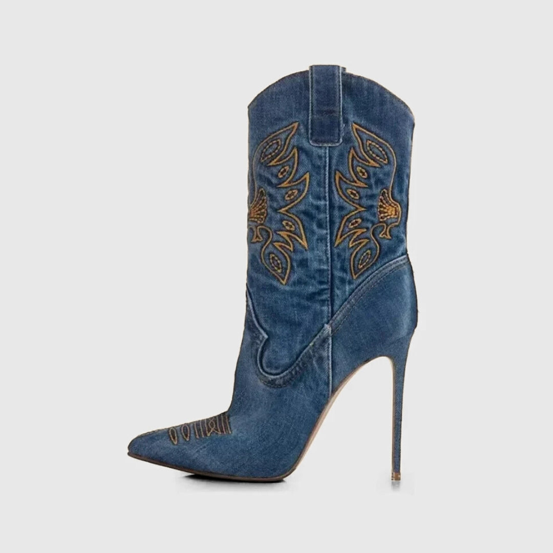 X (this is 2 diff products, long versions and short) Sexy Embroidered Denim Mid-Calf Boots with 12cm Heel