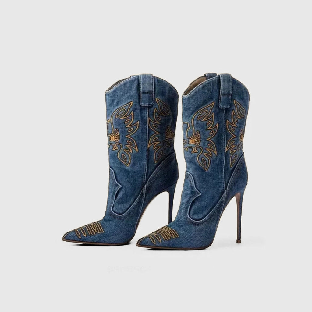 X (this is 2 diff products, long versions and short) Sexy Embroidered Denim Mid-Calf Boots with 12cm Heel