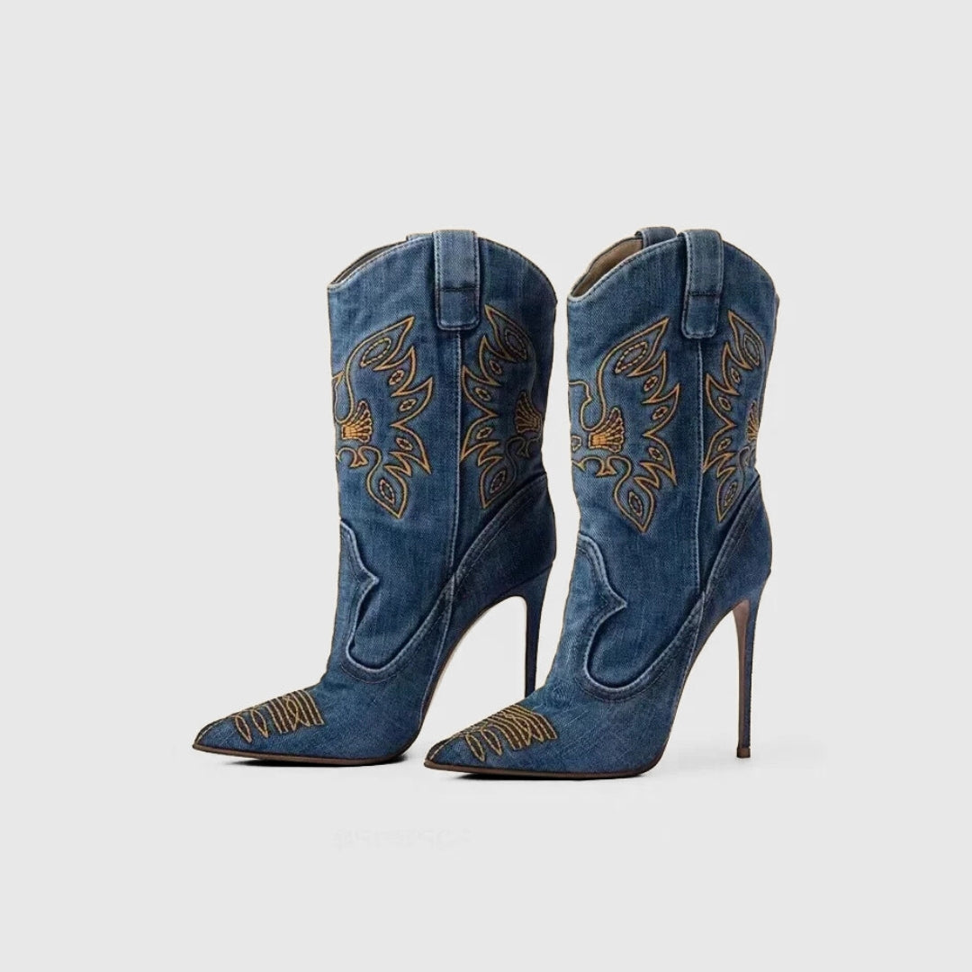 X (this is 2 diff products, long versions and short) Sexy Embroidered Denim Mid-Calf Boots with 12cm Heel