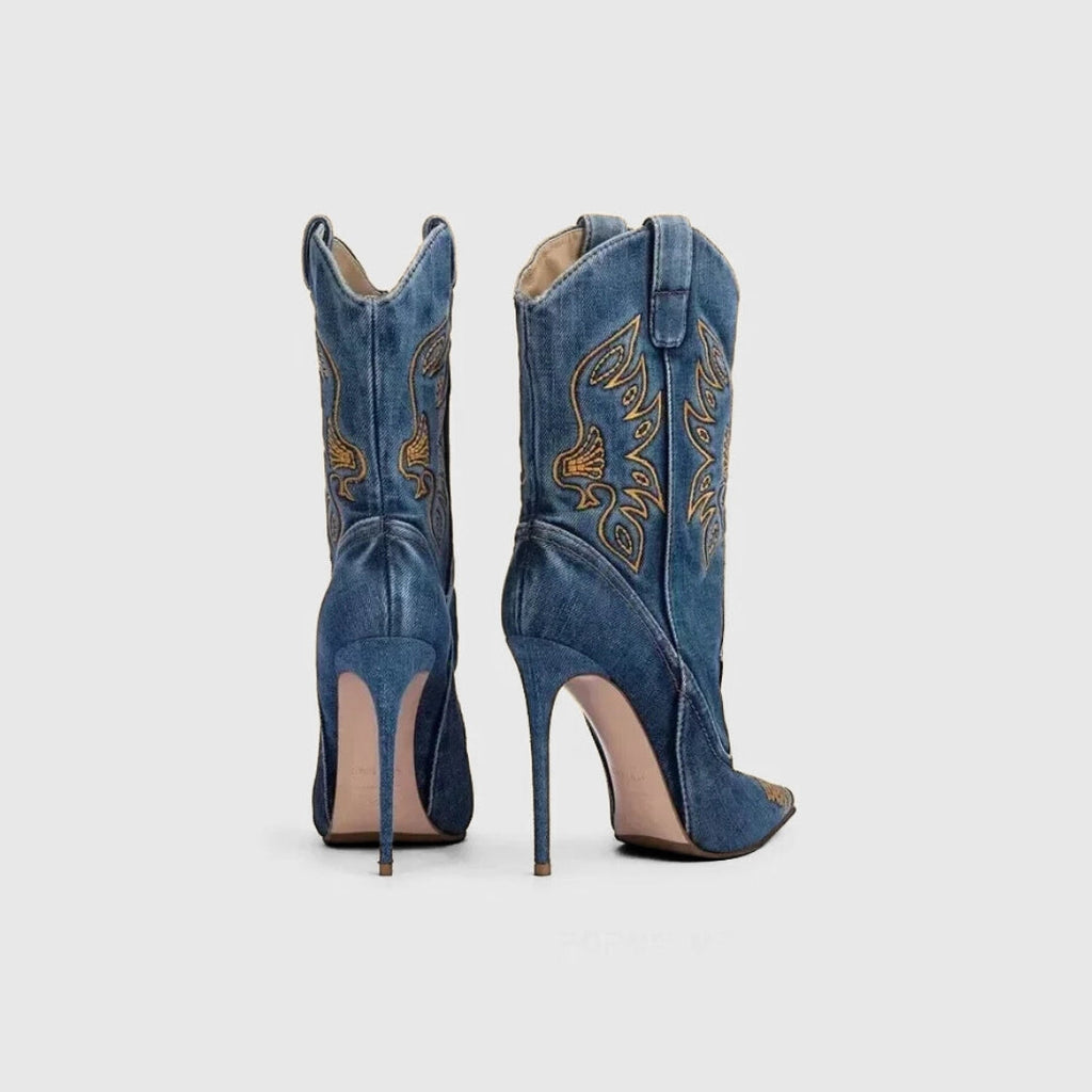 X (this is 2 diff products, long versions and short) Sexy Embroidered Denim Mid-Calf Boots with 12cm Heel