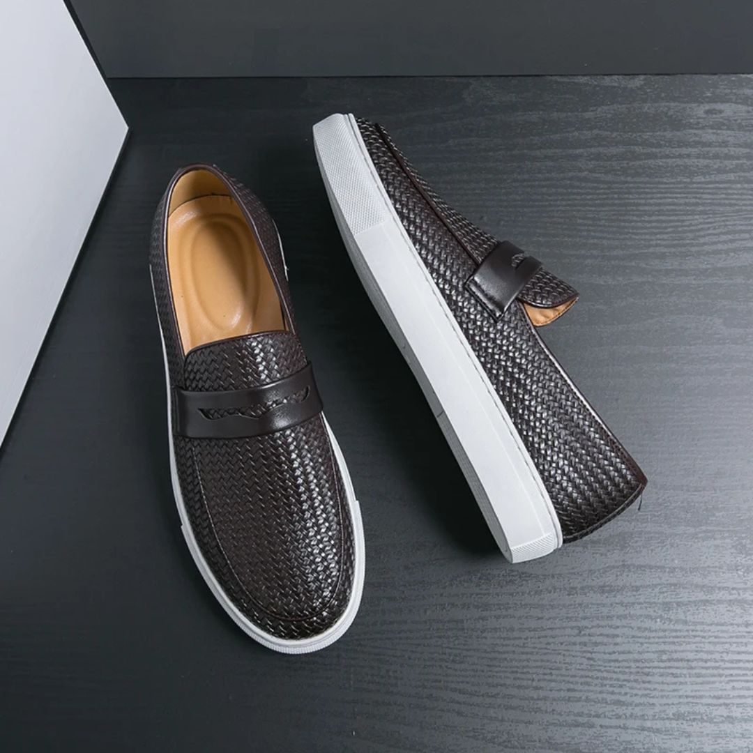 Leather Penny Loafer Style with Weave Knit Pattern