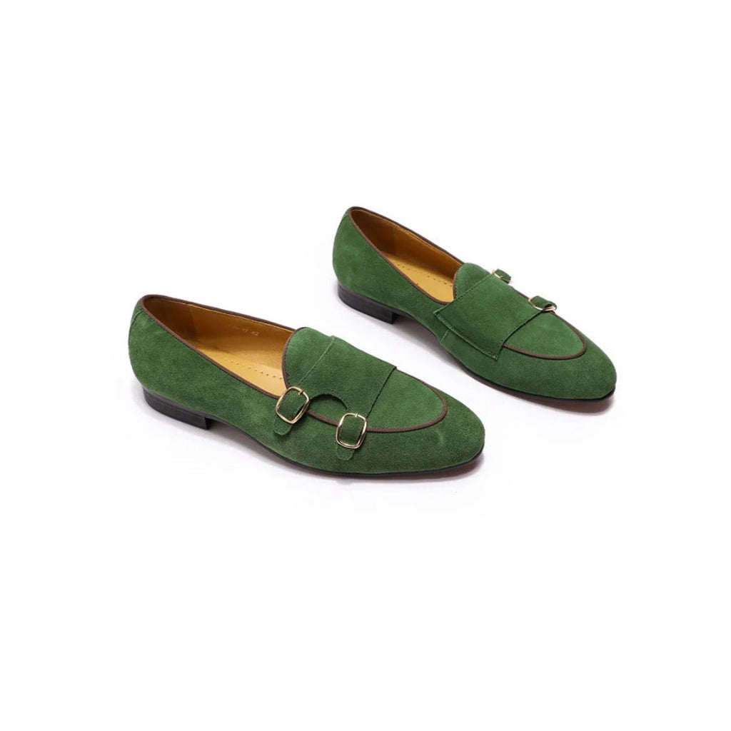 Suede Leather Formal Monk Strap Loafers with Low Stacked Block Heel
