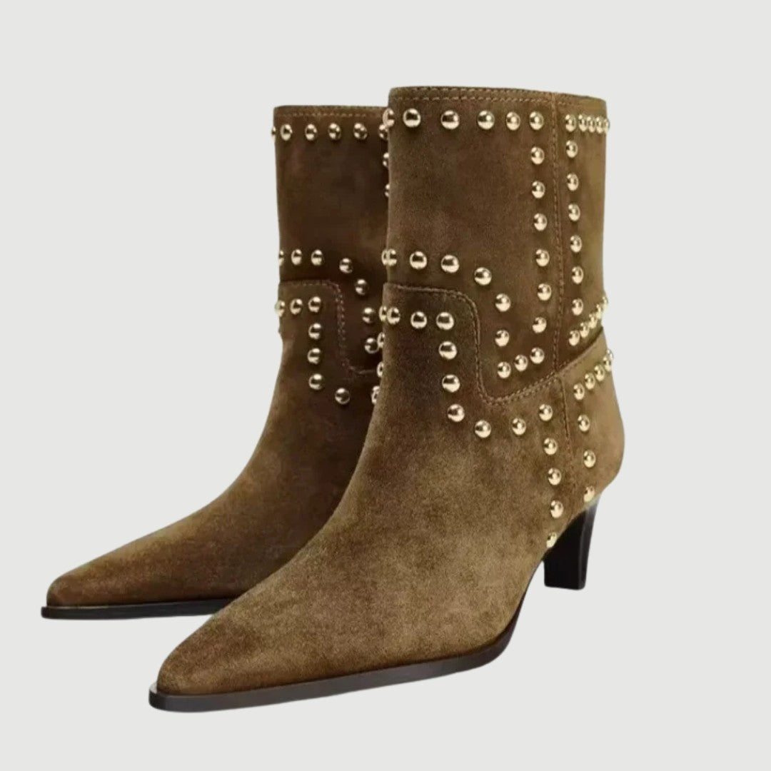 Retro Cow Suede Ankle Boots with Studded Detail