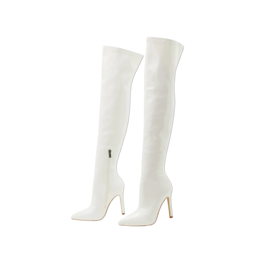Patent Latex-Effect Finish Over-the-Knee Stiletto Boots with Pointed Toe