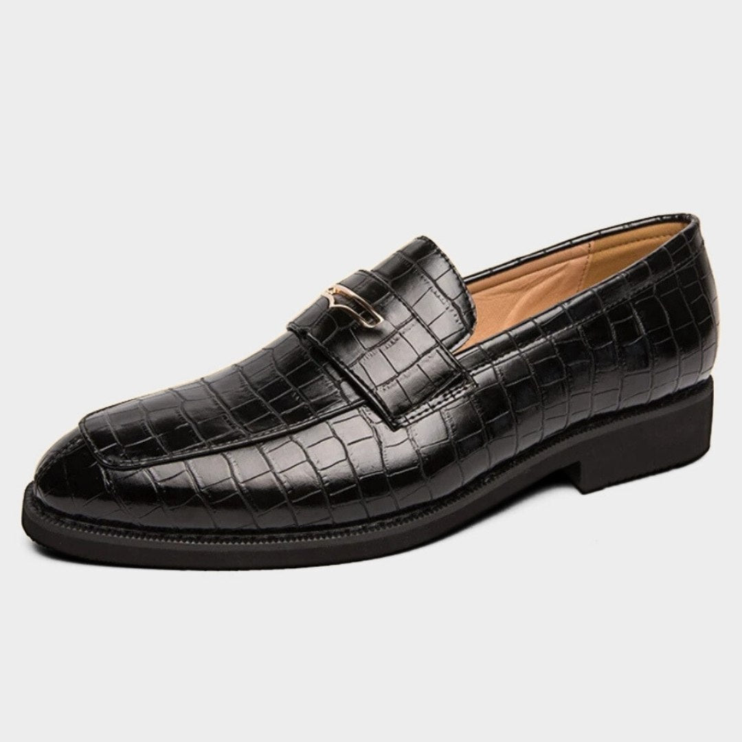 Crocodile-Embossed Leather Penny Loafers with Gold-Tone Strap Detail