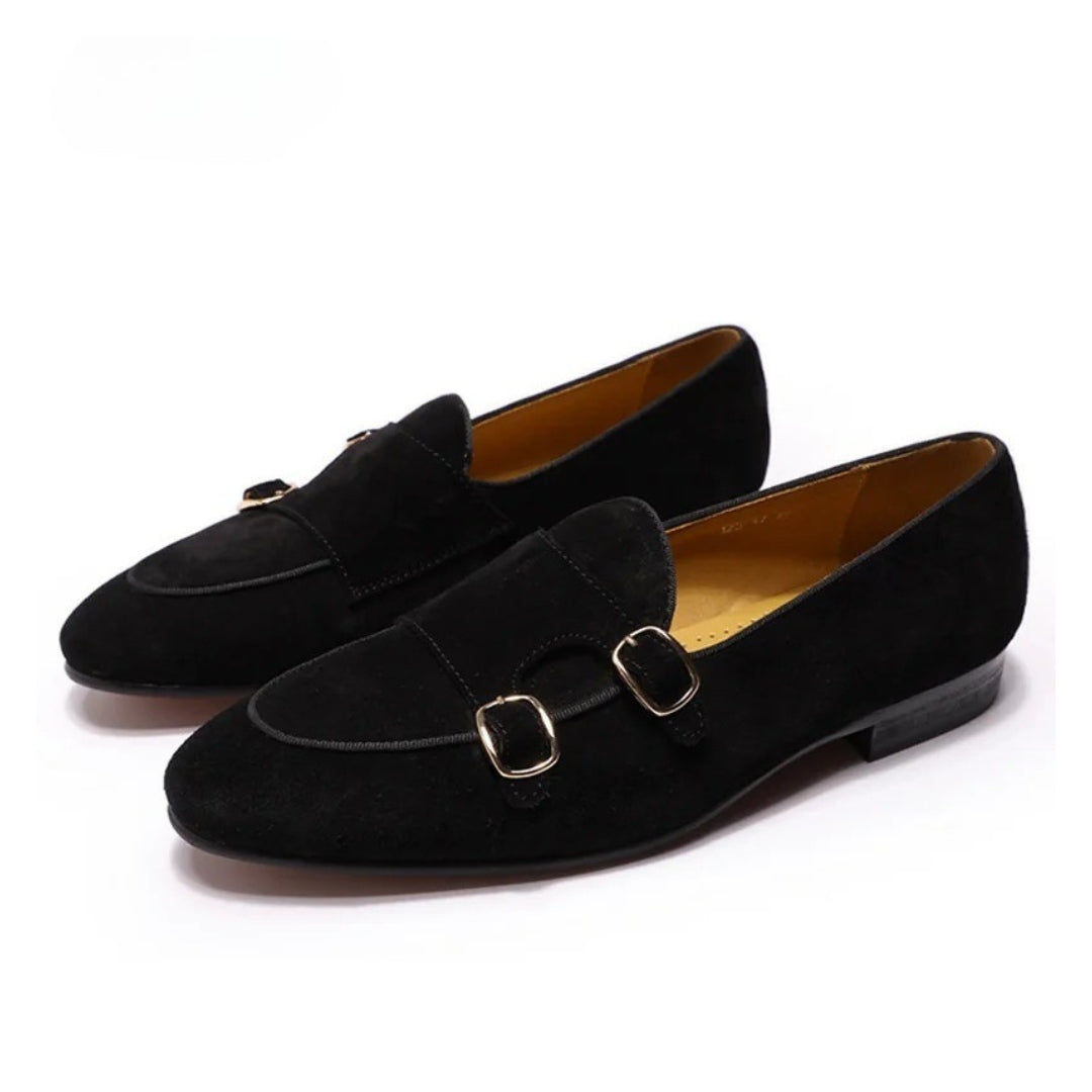 Suede Leather Formal Monk Strap Loafers with Low Stacked Block Heel