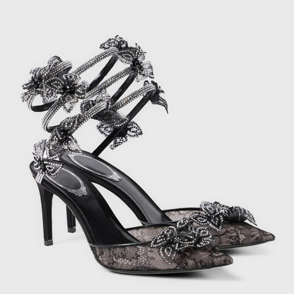 Black Lace Mesh Stiletto Pumps with Rhinestone Snake Coil and Floral Detailing