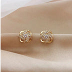 Gold Spiral Floral Crystal Stud Earrings