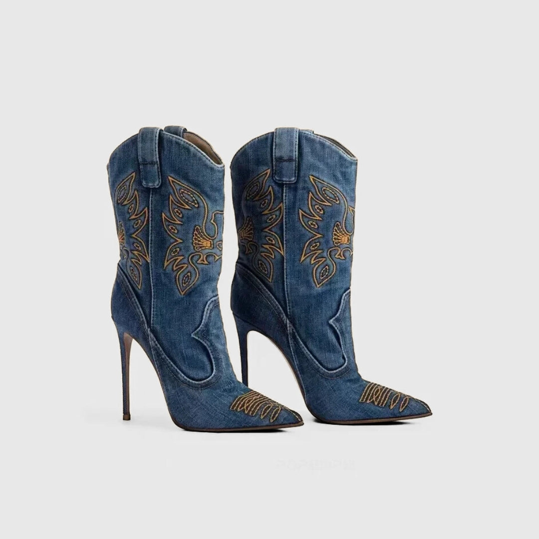X (this is 2 diff products, long versions and short) Sexy Embroidered Denim Mid-Calf Boots with 12cm Heel