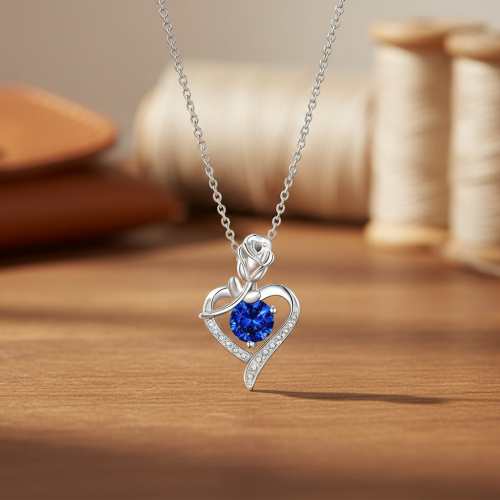 Sapphire Rose Heart Necklace