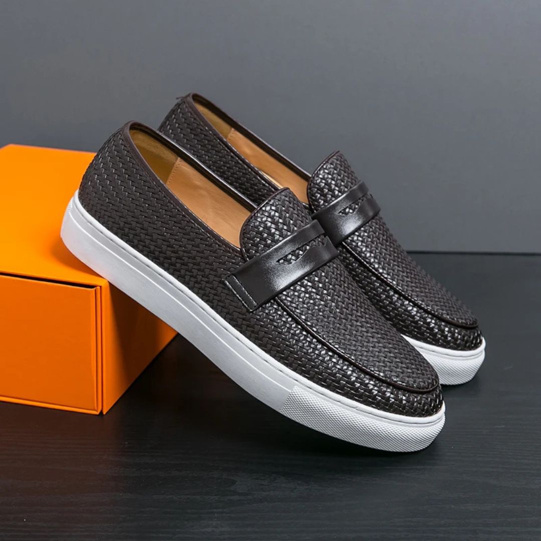 Leather Penny Loafer Style with Weave Knit Pattern