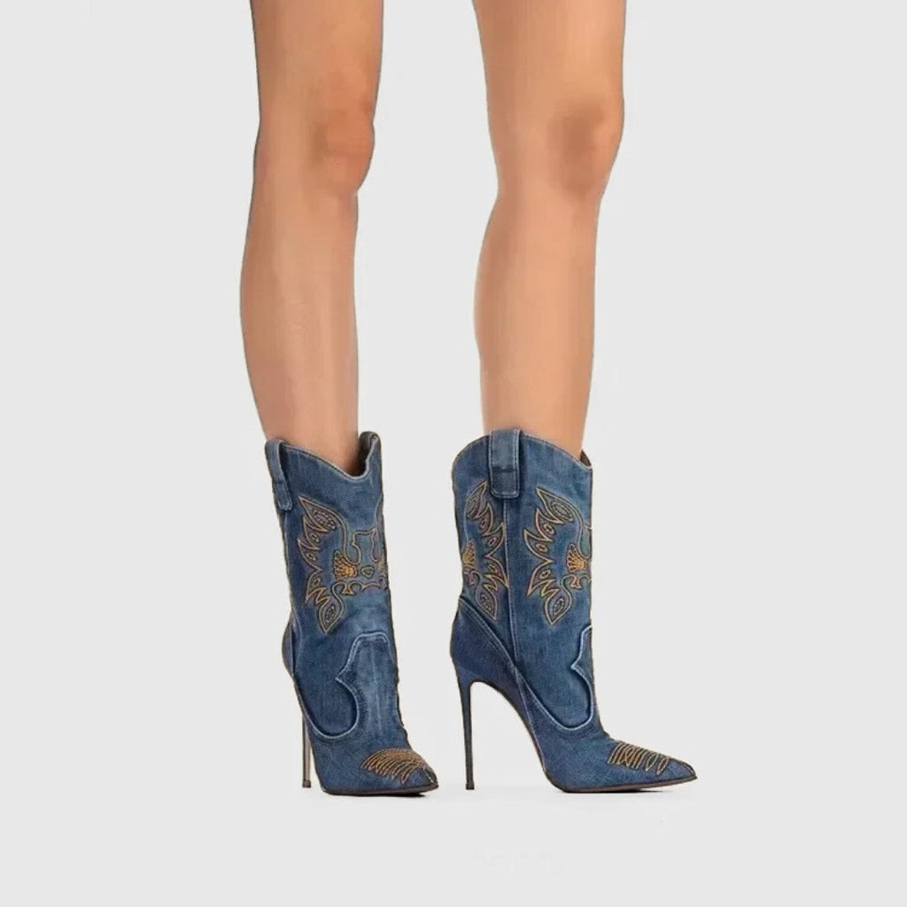 X (this is 2 diff products, long versions and short) Sexy Embroidered Denim Mid-Calf Boots with 12cm Heel