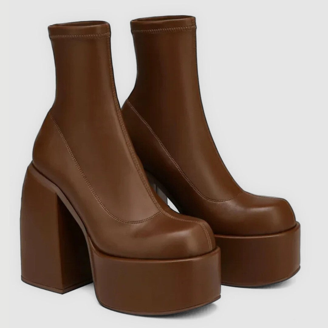 Platform Ankle Sock Boots With High Block Heel