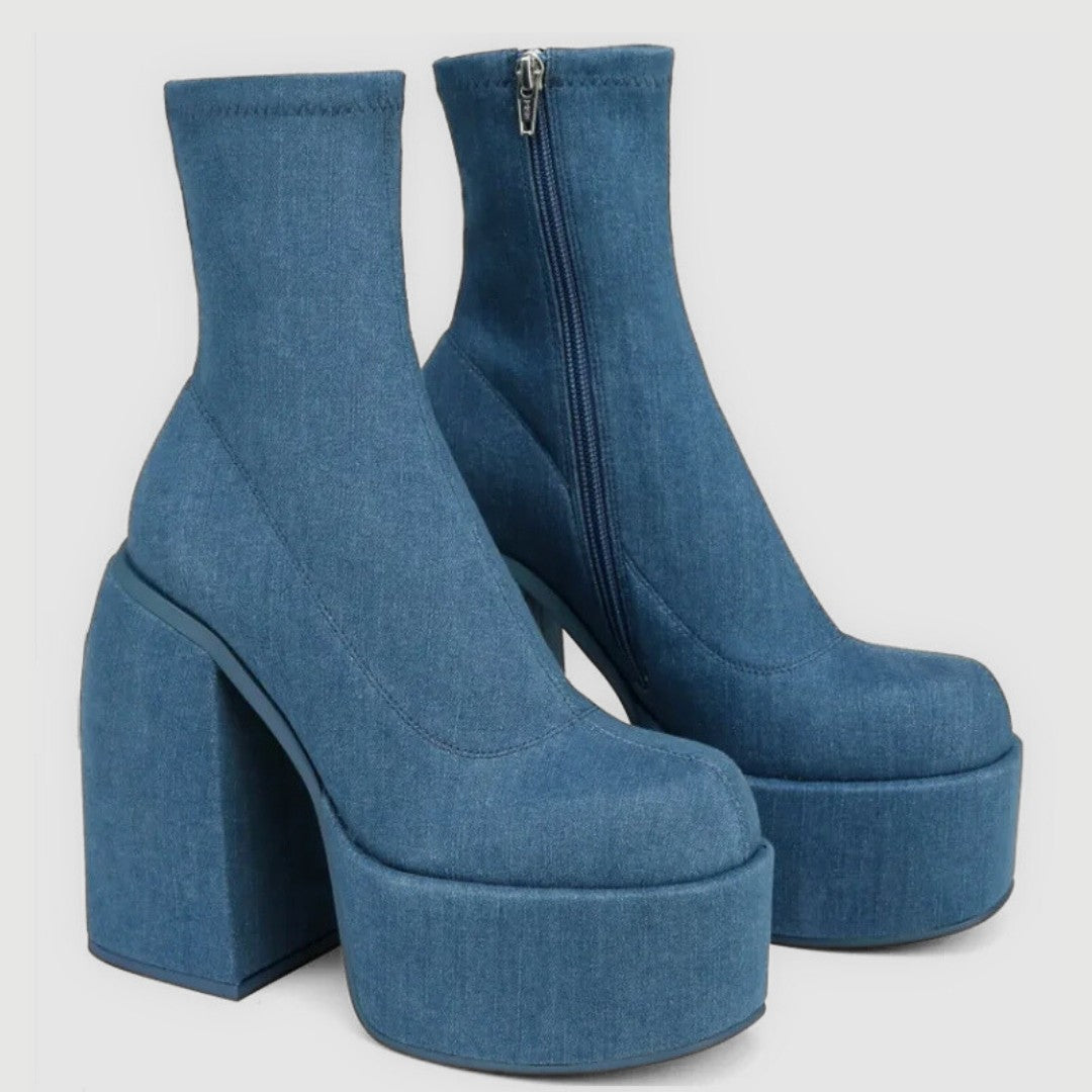 Platform Ankle Sock Boots With High Block Heel