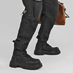 Black Leather Zip Lace Combat Ankle Boots with Chunky Sole and Buckle Detail