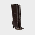 Wide-Fit Knee-High Leather Fold-Over Stilleto Boots with Pointed Toe