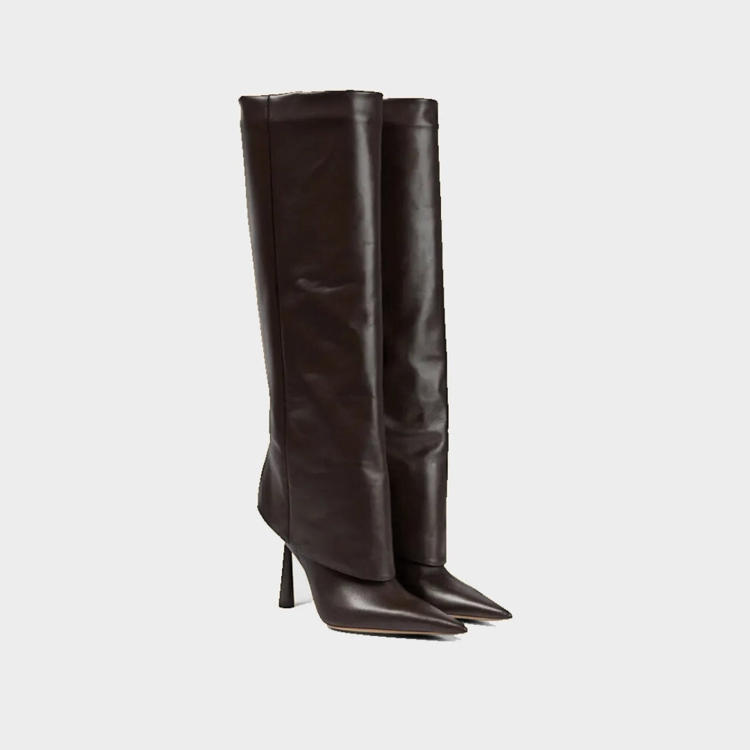 Wide-Fit Knee-High Leather Fold-Over Stilleto Boots with Pointed Toe
